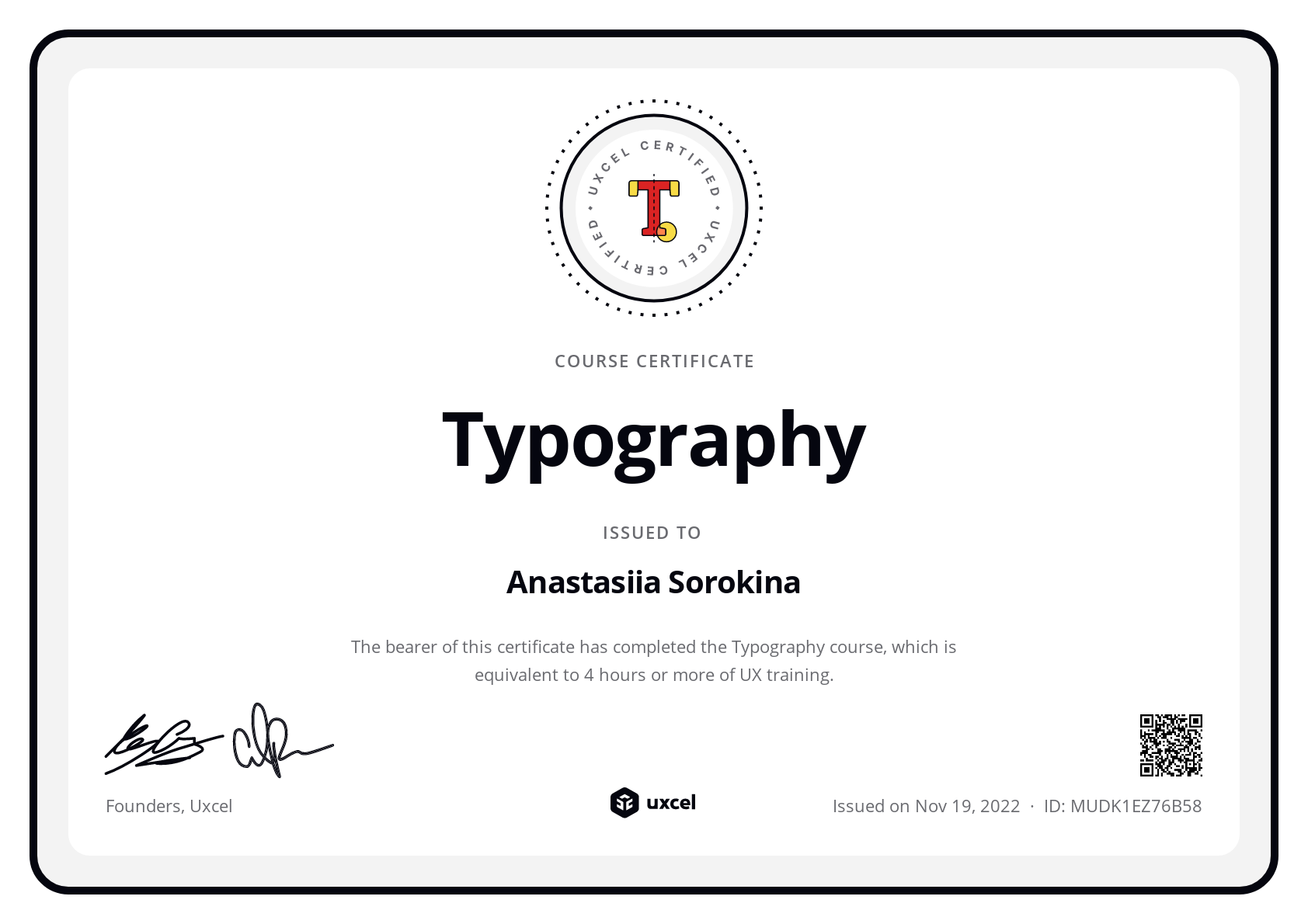 Anastasiia Sorokina's certificate